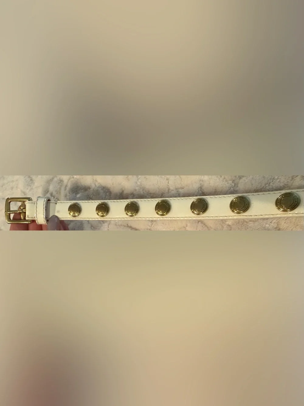 Coach White Patent Leather Vintage Skinny Belt Gold Stud Logo Accents sz S